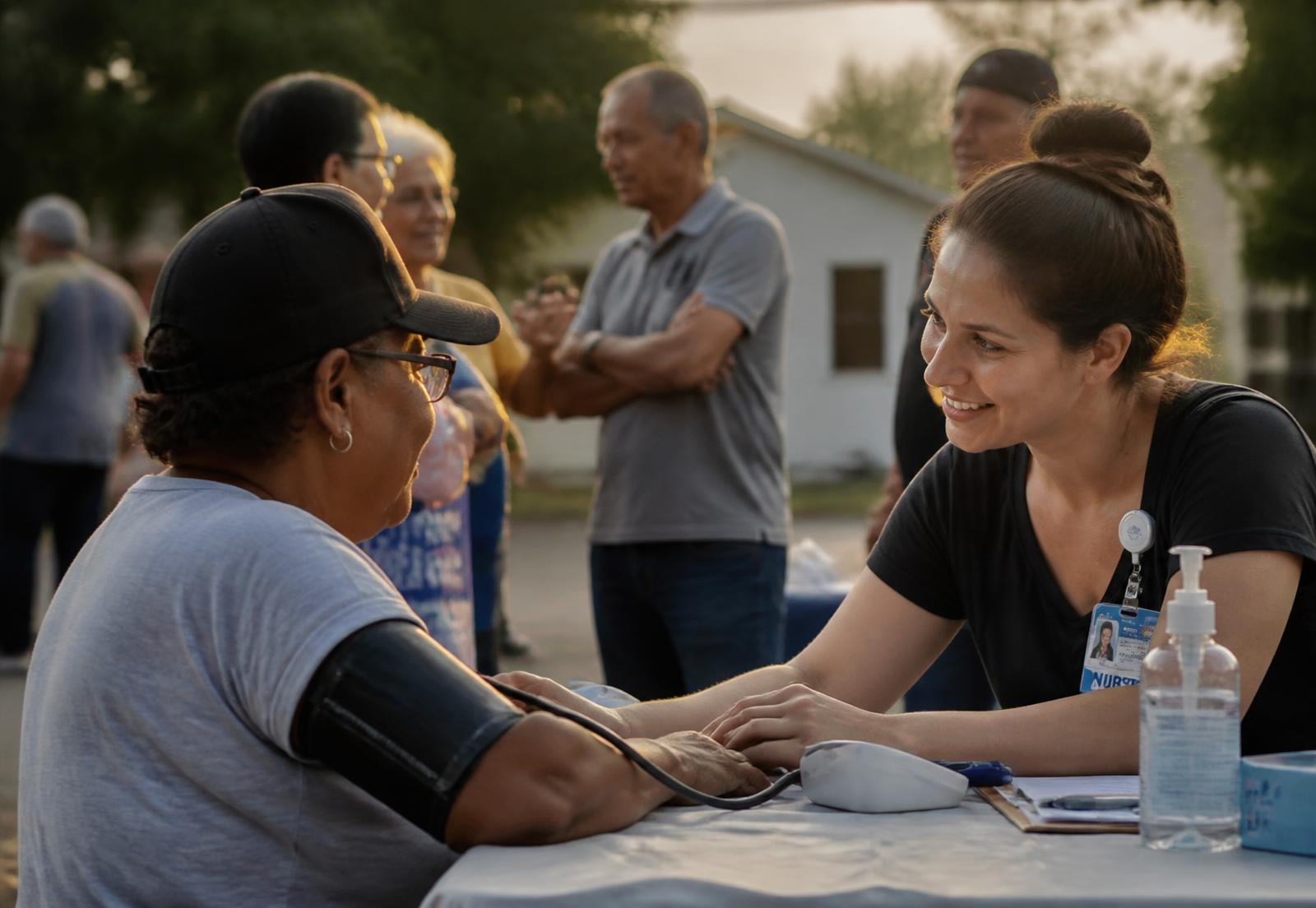 A community health worker taking a resident's blood pressure at an outdoor screening day